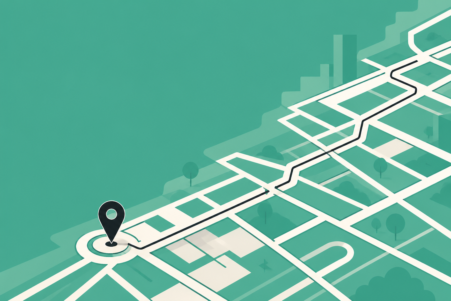 Flat teal and off-white editorial illustration of an independent car rental operation, with no text in the image, used as the header image for "Car Rental Insurance: The Three-Layer Stack".