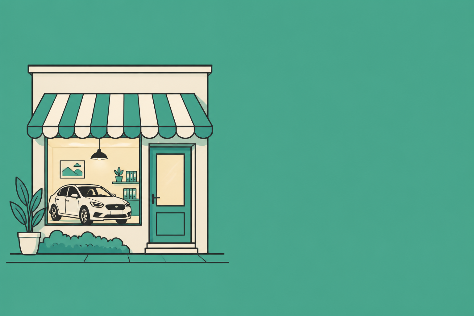 Flat teal and off-white editorial illustration of an independent car rental operation, with no text in the image, used as the header image for "Getaround vs Turo vs Going Direct: 2026 Comparison for H