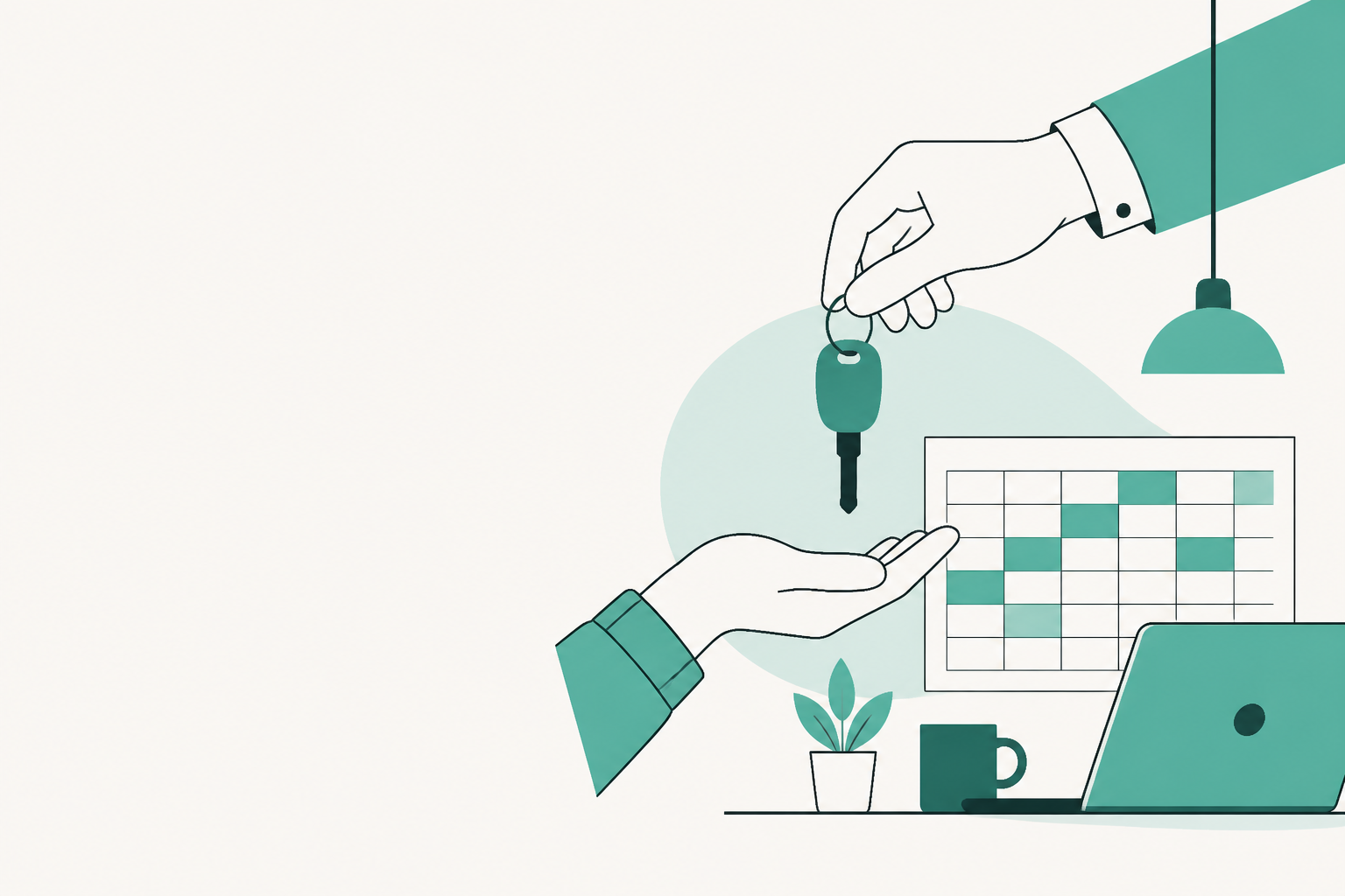 Flat teal and off-white editorial illustration of an independent car rental operation, with no text in the image, used as the header image for "How to Price Your Rental Cars: A Framework".