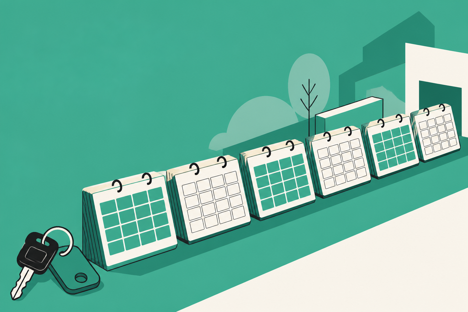 Flat teal and off-white editorial illustration of an independent car rental operation, with no text in the image, used as the header image for "How to Rent Out Your Car Without Turo (and Keep 100%)".