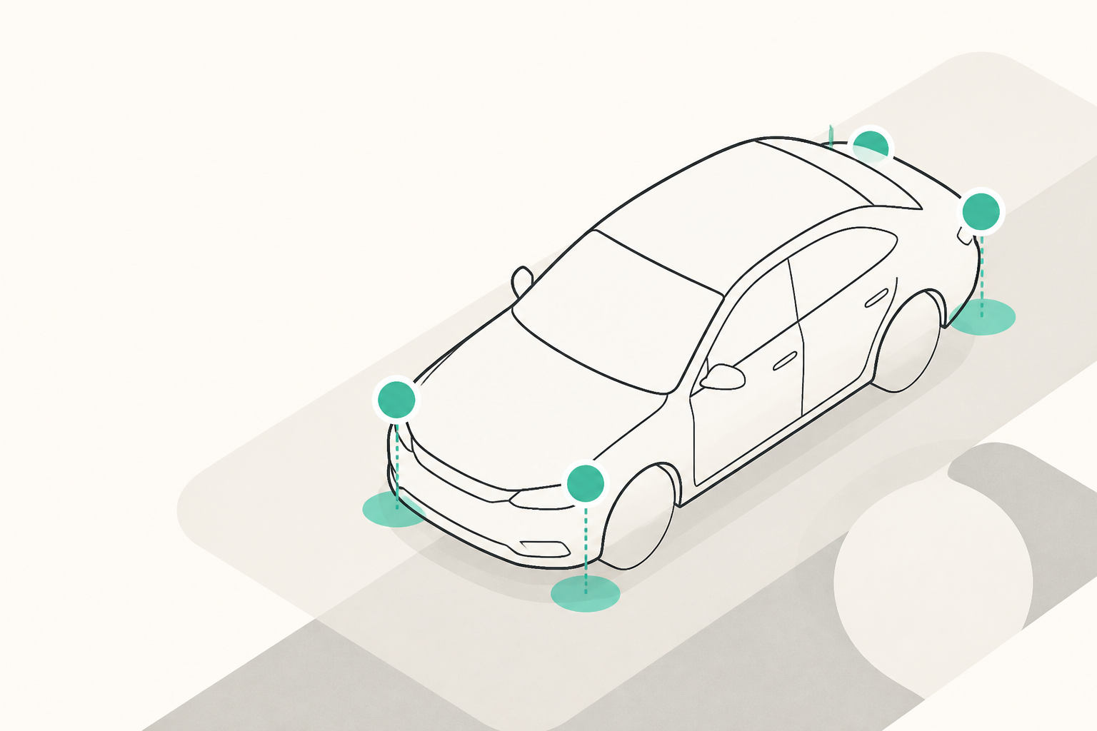 Flat teal and off-white editorial illustration of an independent car rental operation, with no text in the image, used as the header image for "How to Verify Renters Before the Keys Move".