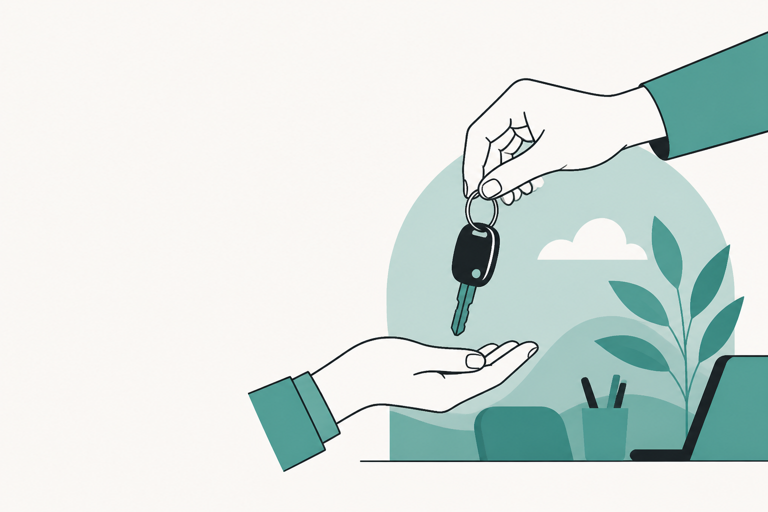Flat teal and off-white editorial illustration of an independent car rental operation, with no text in the image, used as the header image for "Mileage Limits and Overage Fees Renters Accept".