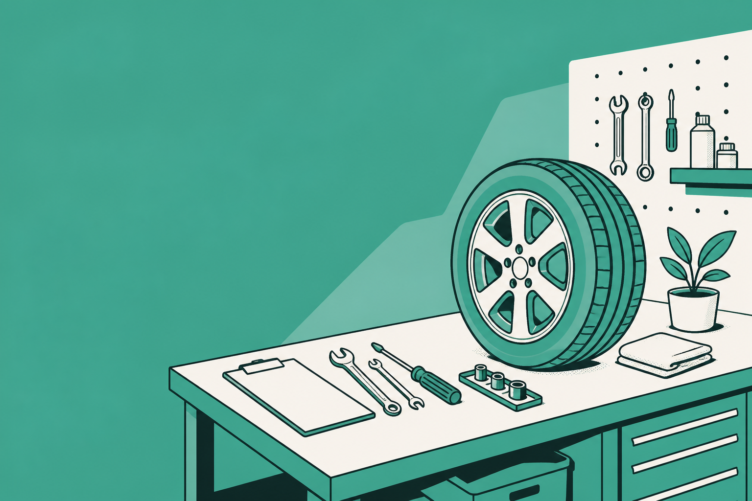 Flat teal and off-white editorial illustration of an independent car rental operation, with no text in the image, used as the header image for "Set Up a Car Rental Website in Under 15 Minutes".