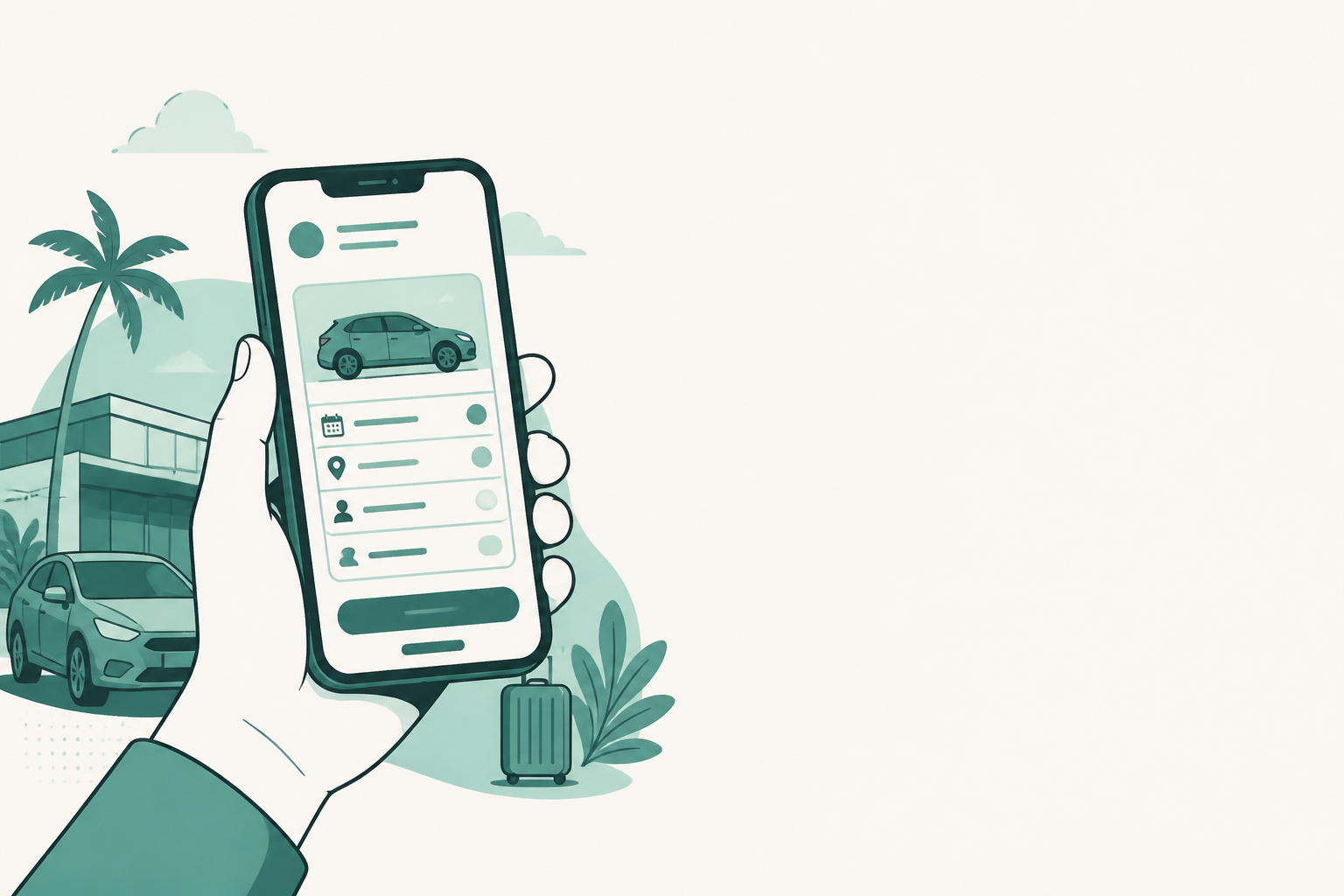 Flat teal and off-white editorial illustration of an independent car rental operation, with no text in the image, used as the header image for "Switching From 1Now to Rentovation: The Migration Guide"