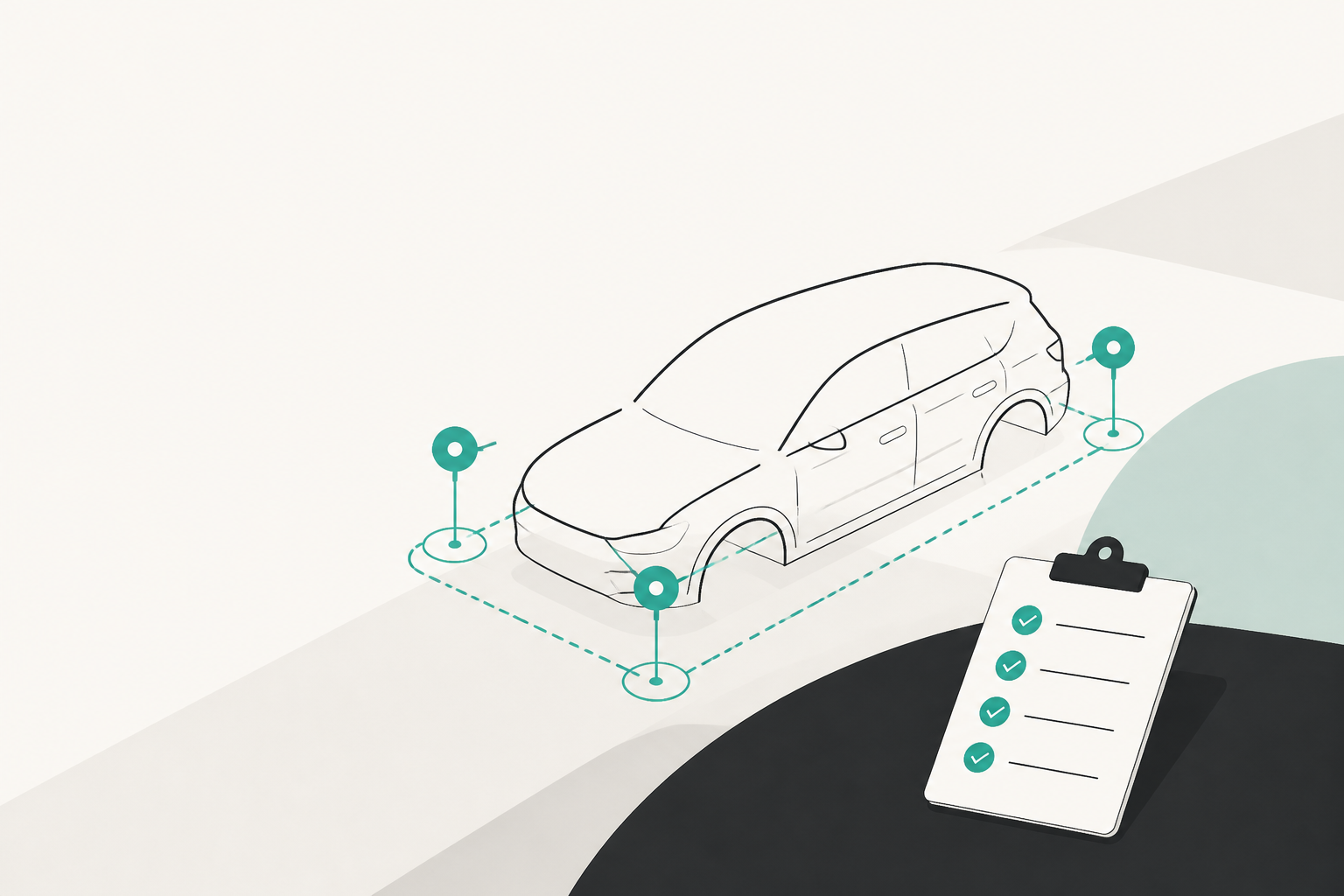 Flat teal and off-white editorial illustration of an independent car rental operation, with no text in the image, used as the header image for "The Best Car Rental Software for Turo Hosts (2026)".