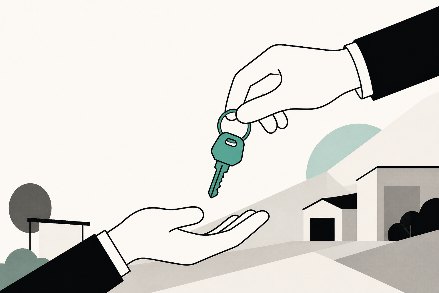 Flat teal and off-white editorial illustration of an independent car rental operation, with no text in the image, used as the header image for "Turo Alternatives for Car Owners: Every Real Option in 2