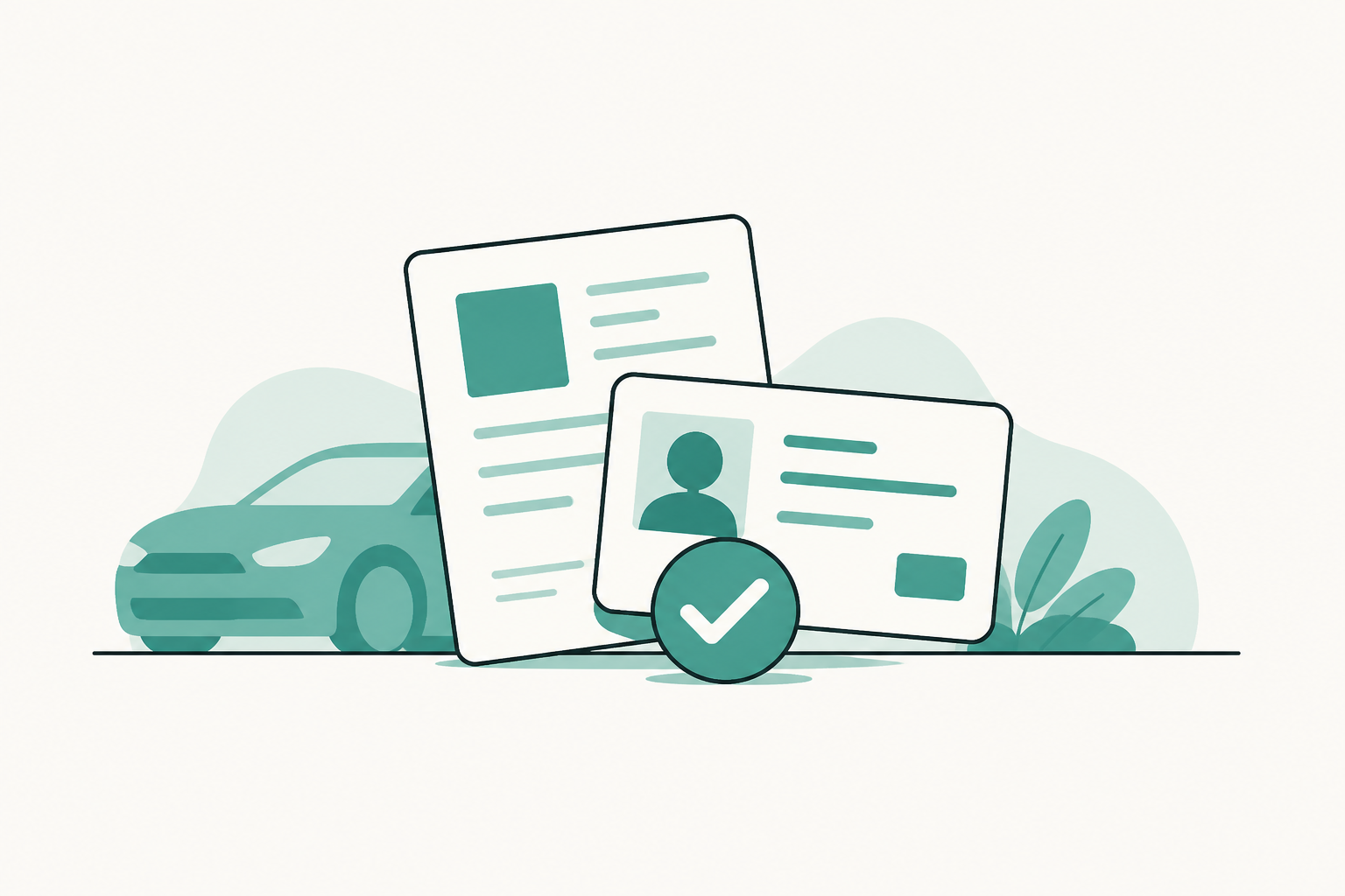 Two ID cards overlapping under a check mark, an illustration for the article "Vehicle Turnaround: A Repeatable Prep Routine"