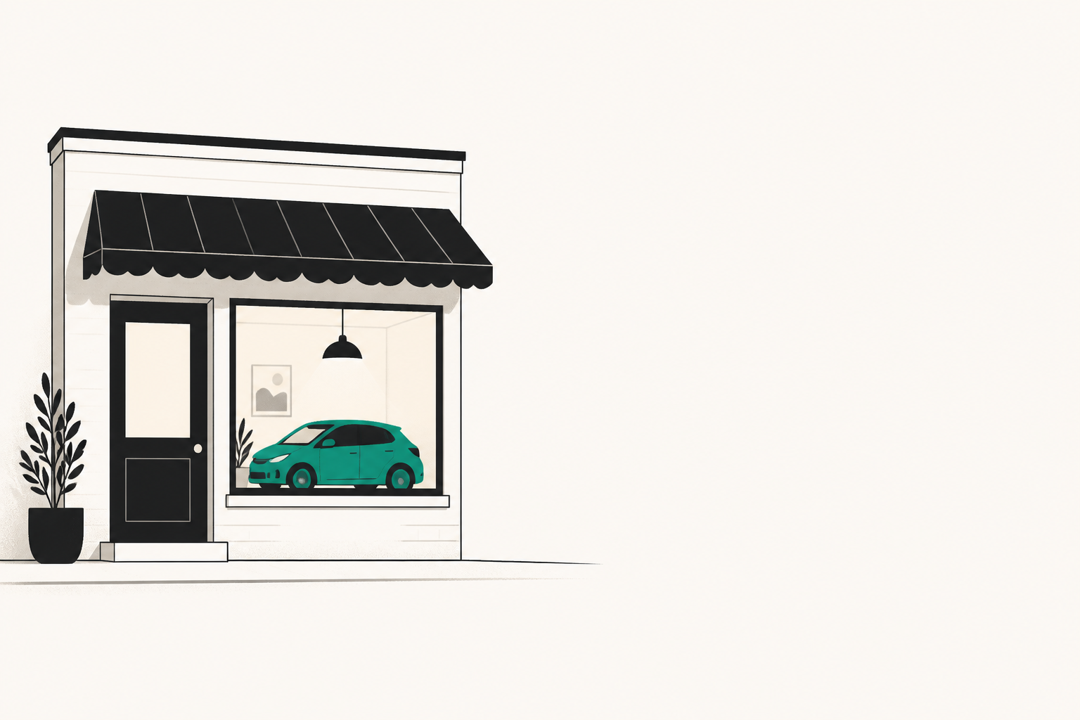 Flat teal and off-white editorial illustration of an independent car rental operation, with no text in the image, used as the header image for "What Is Peer-to-Peer Car Rental, and Where It Breaks".
