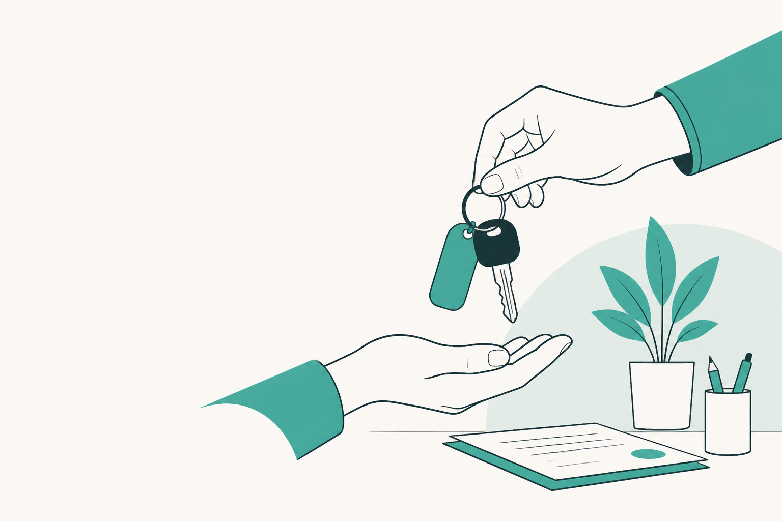 Flat teal and off-white editorial illustration of an independent car rental operation, with no text in the image, used as the header image for "What Your Rental Agreement Must Cover Before Keys Go Out